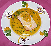 Salmon with Hojicha Fugue Tea and Orange Sauce